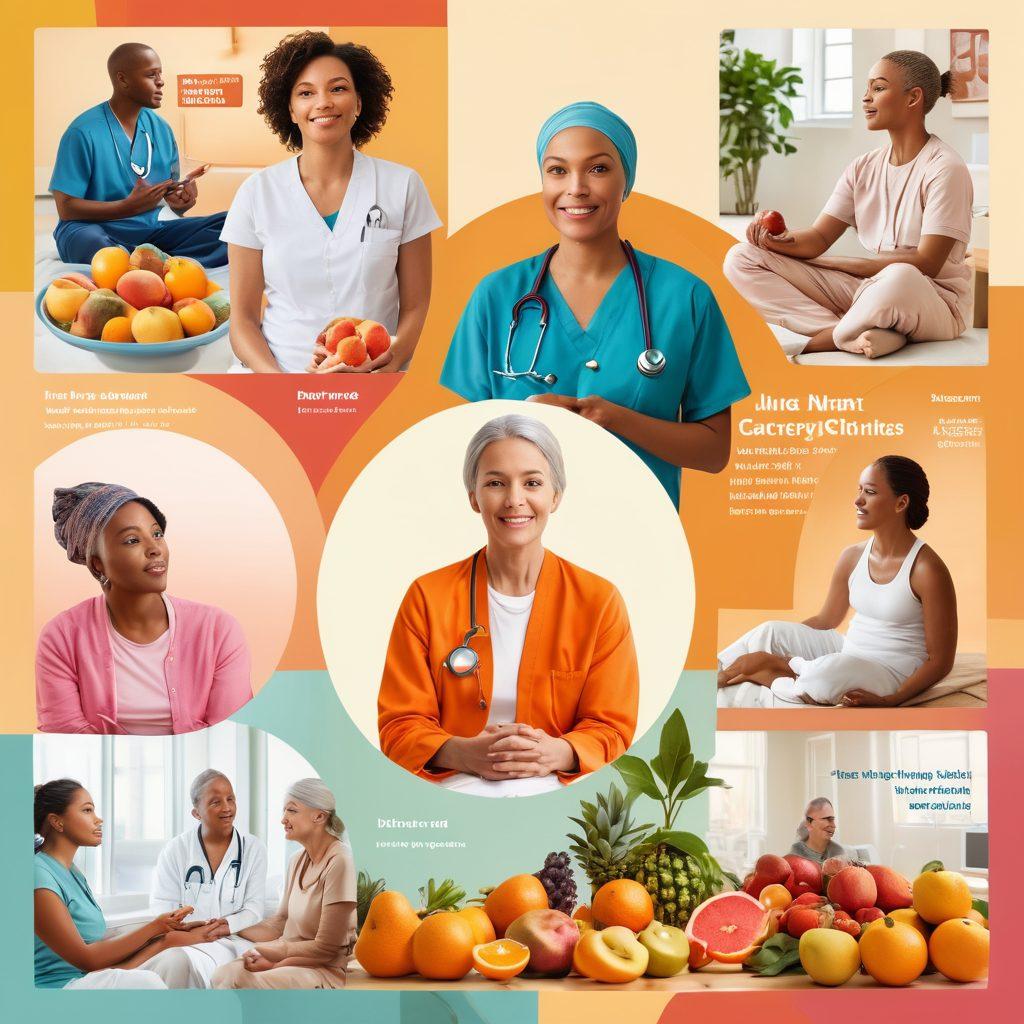A collage of diverse individuals sharing moments of hope and resilience in a bright hospital setting, surrounded by illustrations of healthy lifestyle choices, such as fruits, exercise, and meditation. Infographics highlighting cancer care tips and prevention strategies subtly integrated into the background. Warm and inviting color palette to promote comfort and empowerment. vibrant colors. super-realistic.