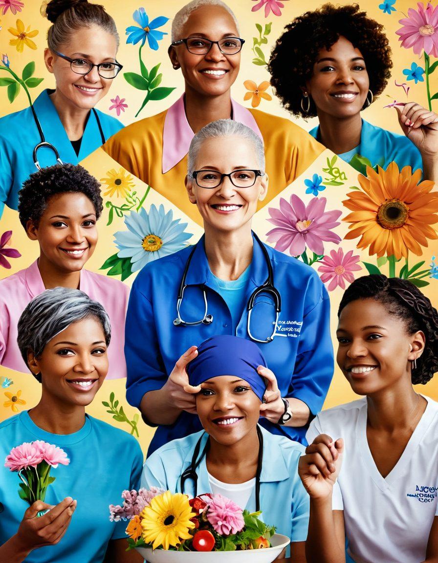 An informative montage depicting a thriving support group for cancer patients, with diverse individuals sharing their stories, surrounded by symbols of hope like ribbons and blooming flowers. Include visual elements representing prevention methods such as healthy foods, exercise, and medical tools. A warm and inviting atmosphere to evoke a sense of community and resilience. super-realistic. vibrant colors. soft focus.
