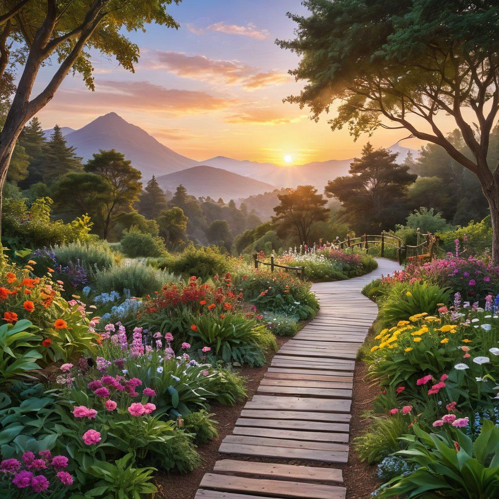 A serene landscape depicting a journey through cancer care, with a path symbolizing early detection leading to a bright sunrise representing hope and healing. Include diverse people engaging in holistic wellness activities, like yoga and meditation, surrounded by lush greenery and vibrant flowers. Infuse elements of medical care subtly in the background, like a stethoscope entwined with plants. Bright, warm colors with a sense of tranquility. super-realistic. vibrant colors. peaceful atmosphere.